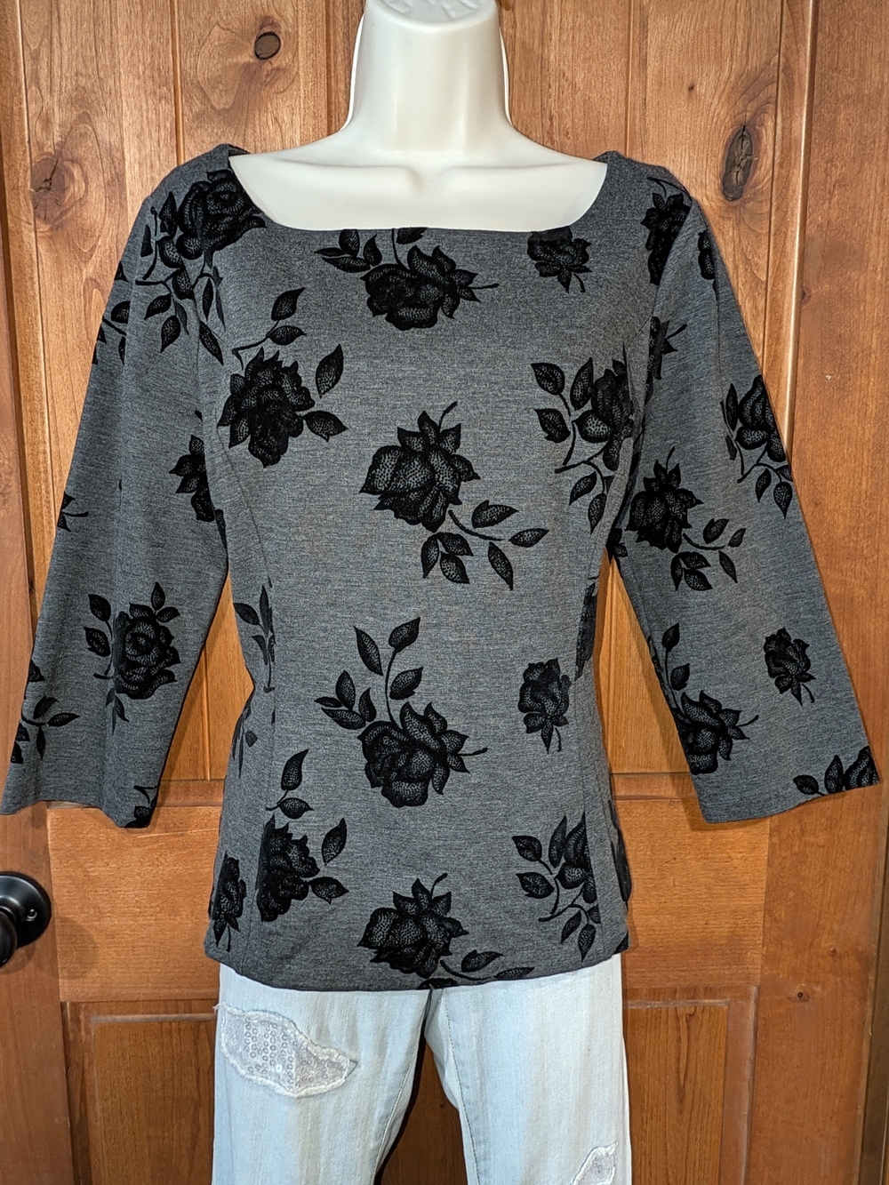 White House Black Market Gray Square-Neck Top with Black Floral Velvet